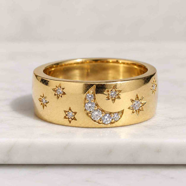 Unique Yellow Gold Men Wedding Band, Diamond Star Design Wedding Ring, Unisex Stacking Ring, His and Hers Ring, Anniversary Rings For Men

