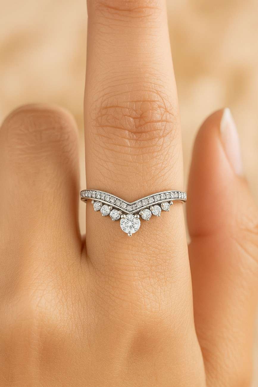 Round Cut Lab Grown Diamond Anniversary Band, Chevron Wedding Band V Shape Curved Matching Band For Engagement Ring