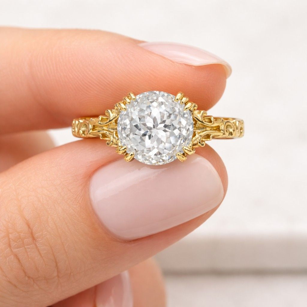 18k solid gold lab grown diamond engagement band multiple round dainty round high setting vintage style minimal promise ring gift for women