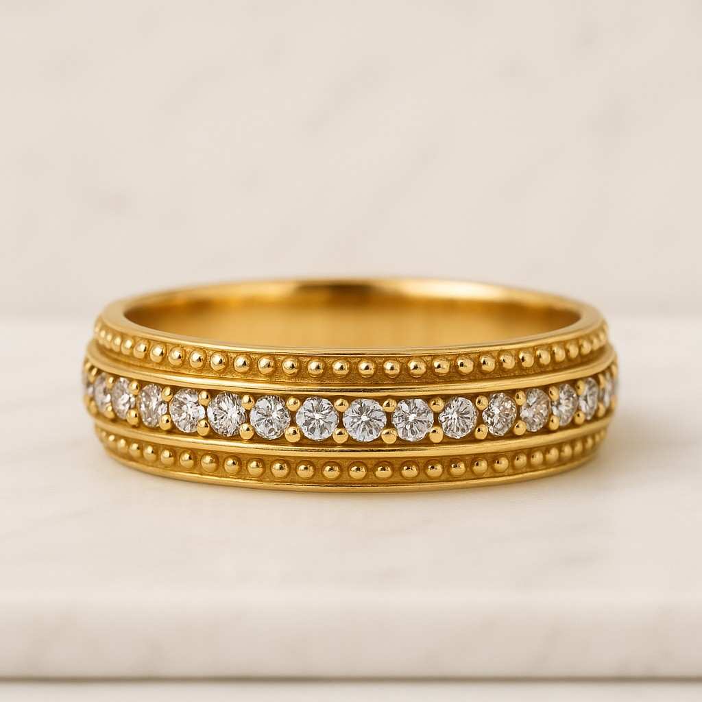 Vintage Diamond Wedding Band Art Deco Milgrain Half Eternity Band Solid Gold Round Dome Ring