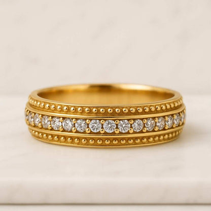 Vintage Diamond Wedding Band Art Deco Milgrain Half Eternity Band Solid Gold Round Dome Ring