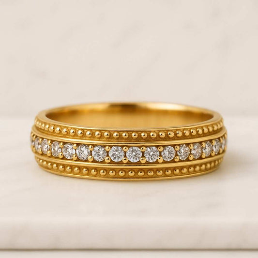 Vintage Diamond Wedding Band Art Deco Milgrain Half Eternity Band Solid Gold Round Dome Ring