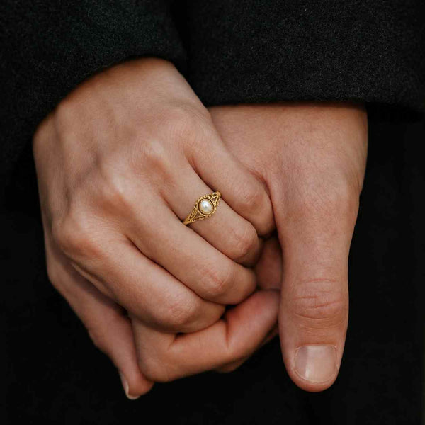 Vintage 10K Solid Yellow Gold Cultured Pearl Ring | Edwardian Revival Openwork Scroll Ring | Pearl Estate Ring Size 5.5 | June Birthstone
