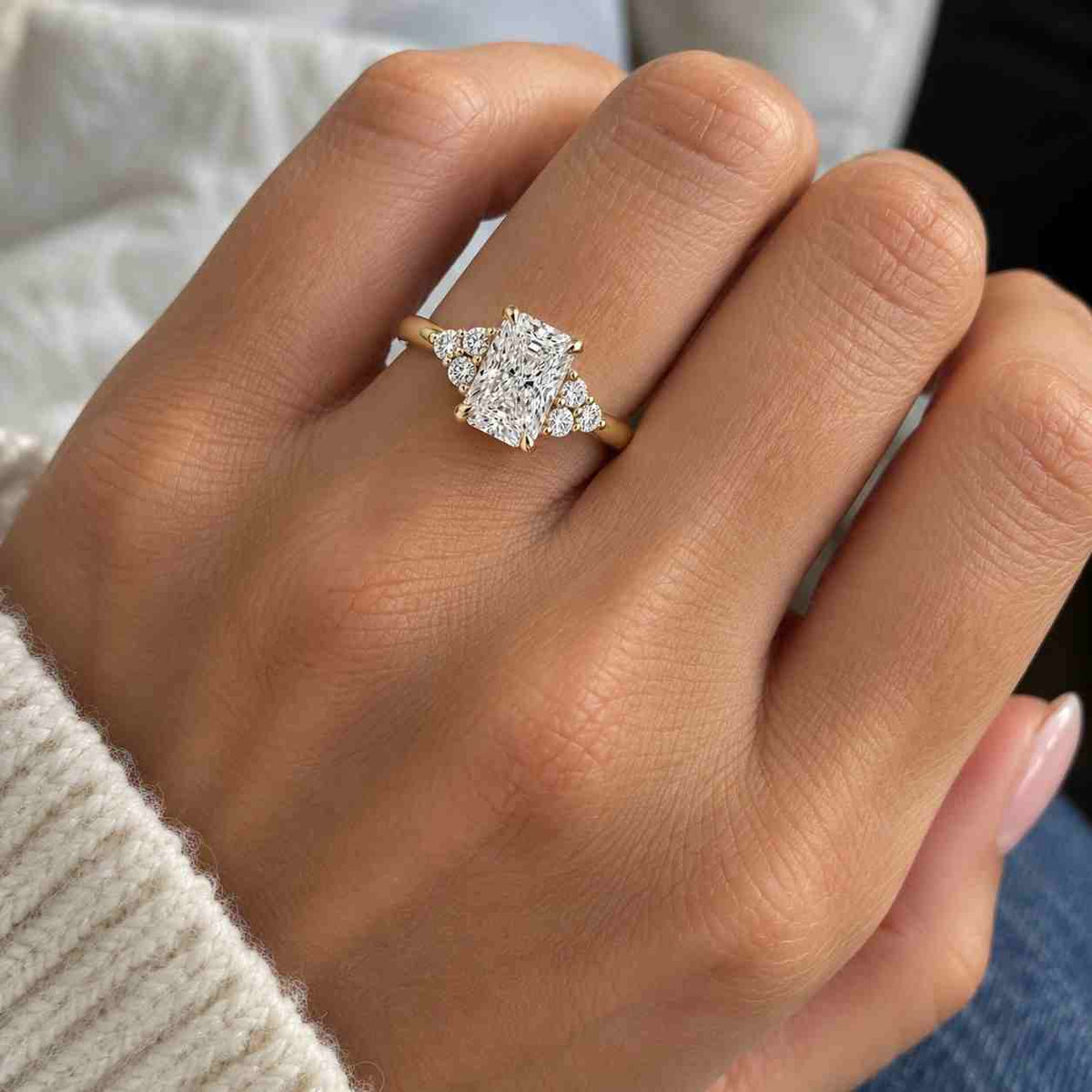 vintage 14k solid gold radiant three stones moissanite engagement ring,minimalist lab grown diamond promise ring,wedding gift ring for her