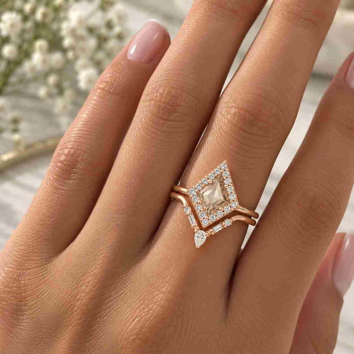 vintage 1ct kite cut natural salt and pepper diamond engagement ring set unique 10k rose gold pepper diamond black bridal wedding ring set
