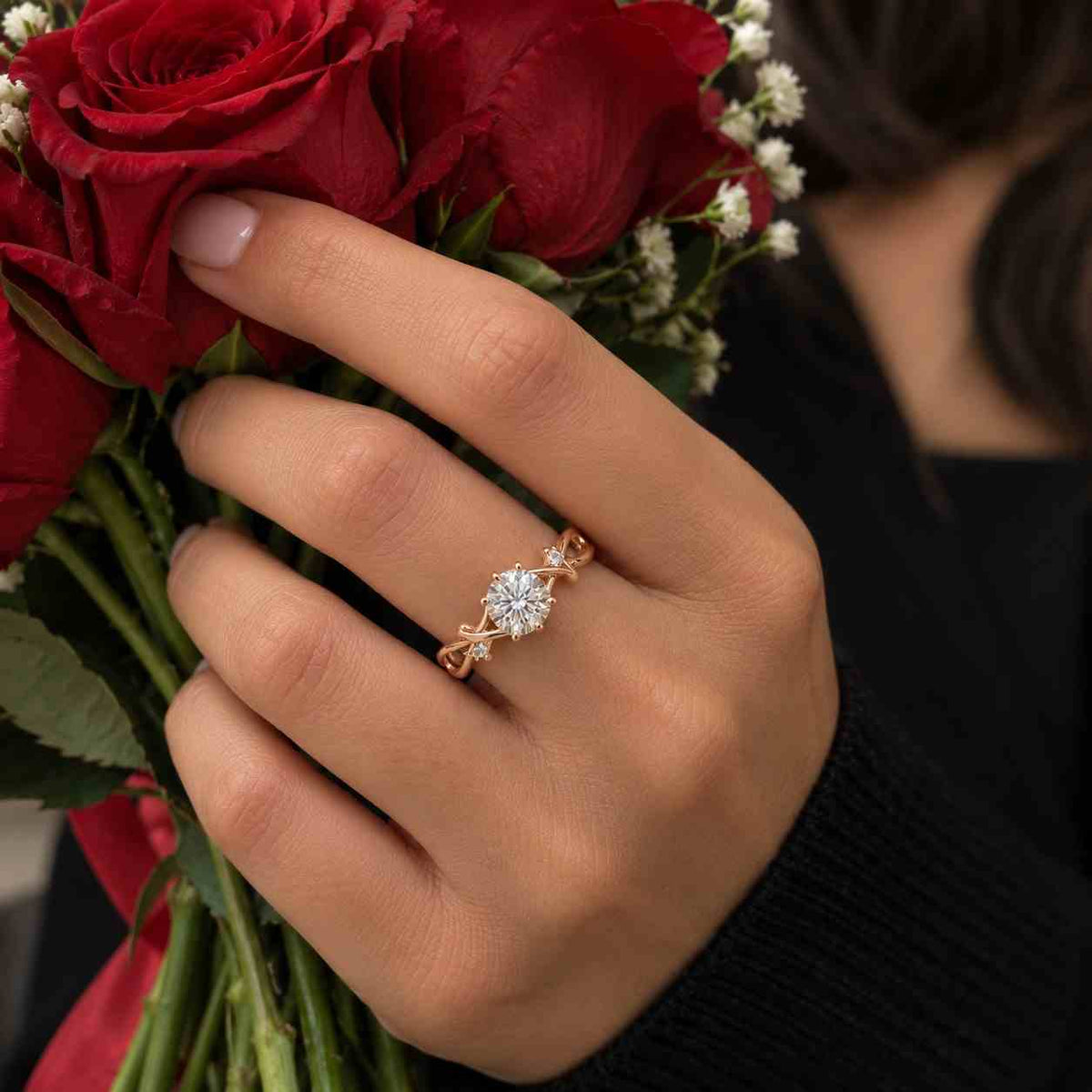 Vintage 1ct round cut Lab grown diamond engagement ring 14k yellow gold leaf five stone diamond anniversary promise wedding ring women gift