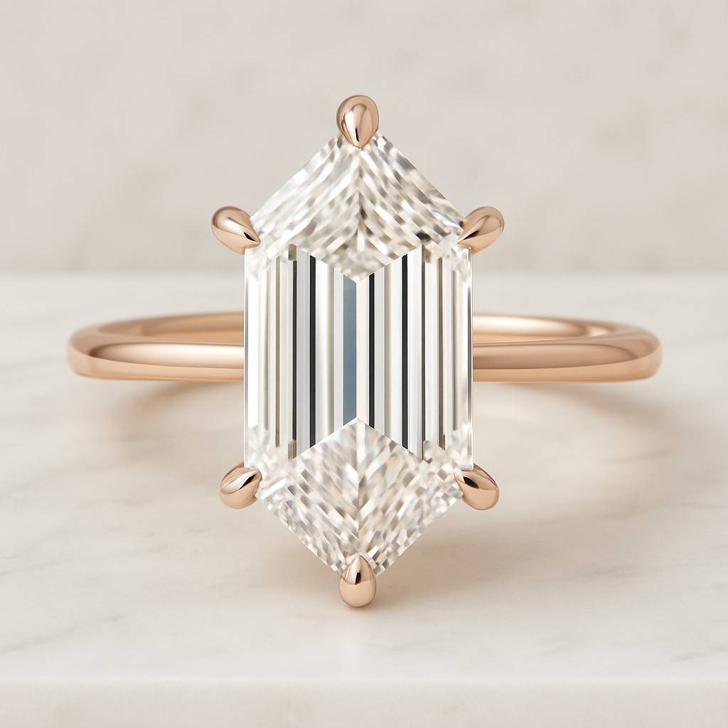 Vintage 3CT Long Hexagon Moissanite Engagement Ring Gold Hidden Halo