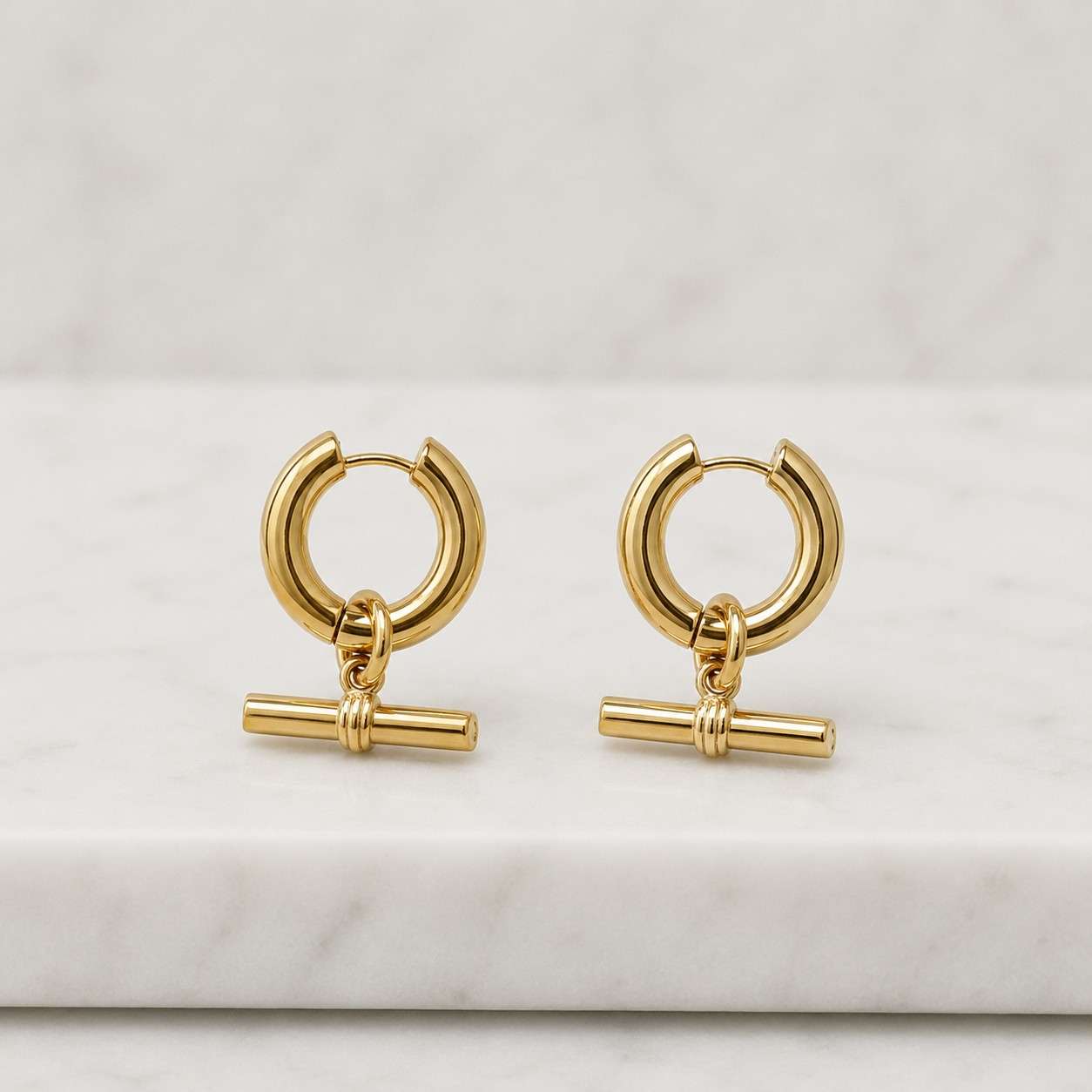 Vintage 9ct Yellow Gold T-Bar Hoop Earrings: Dangly 375 Gold - tbar hoops