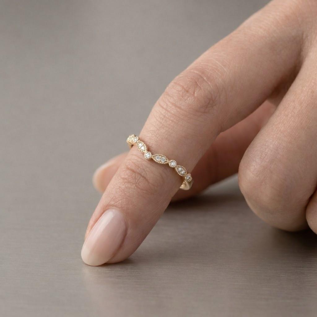 vintage chevron round lab grown diamond wedding band, curved v shaped art deco bridal stacking ring, 14k gold milgrain floral engraved band
