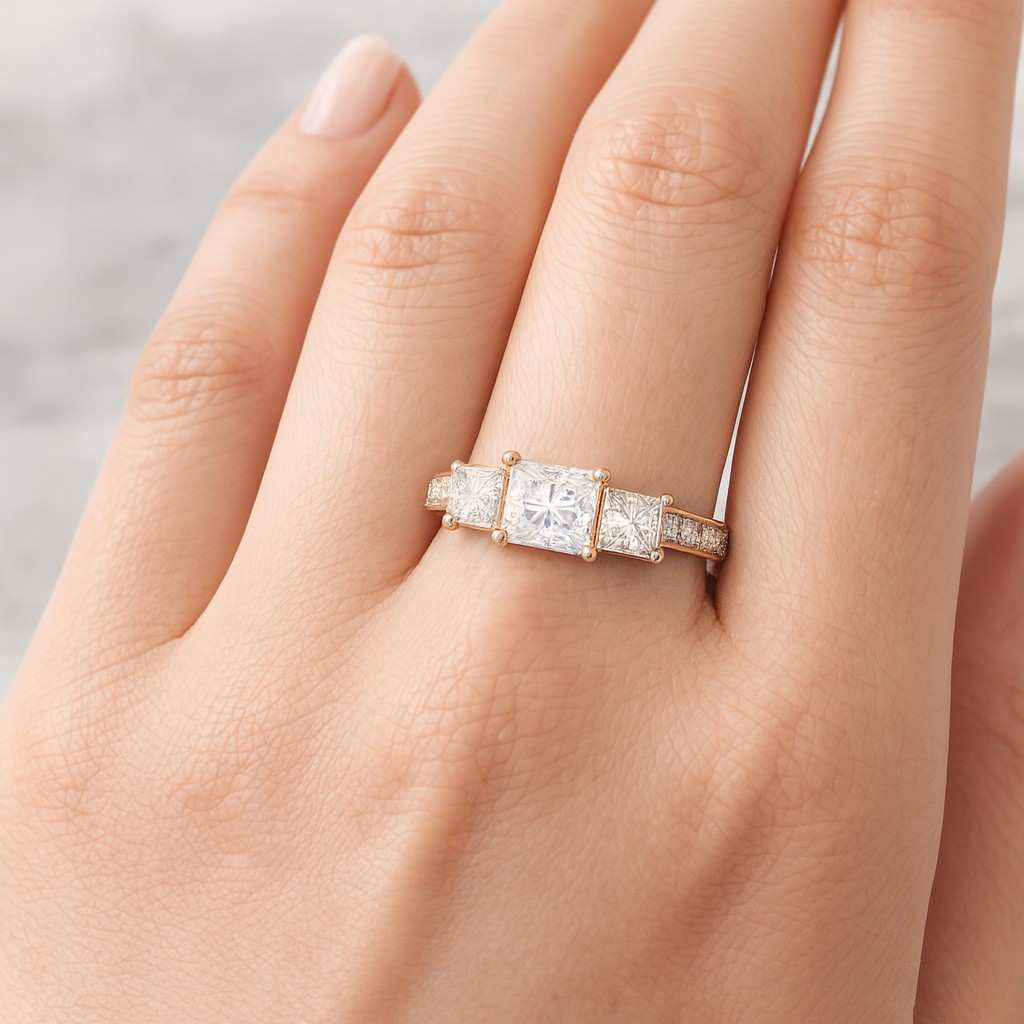 Vintage Engagement Ring Lab Grown Diamond Engagement Ring Princess Cut three stone Lab Grown Diamond Ring