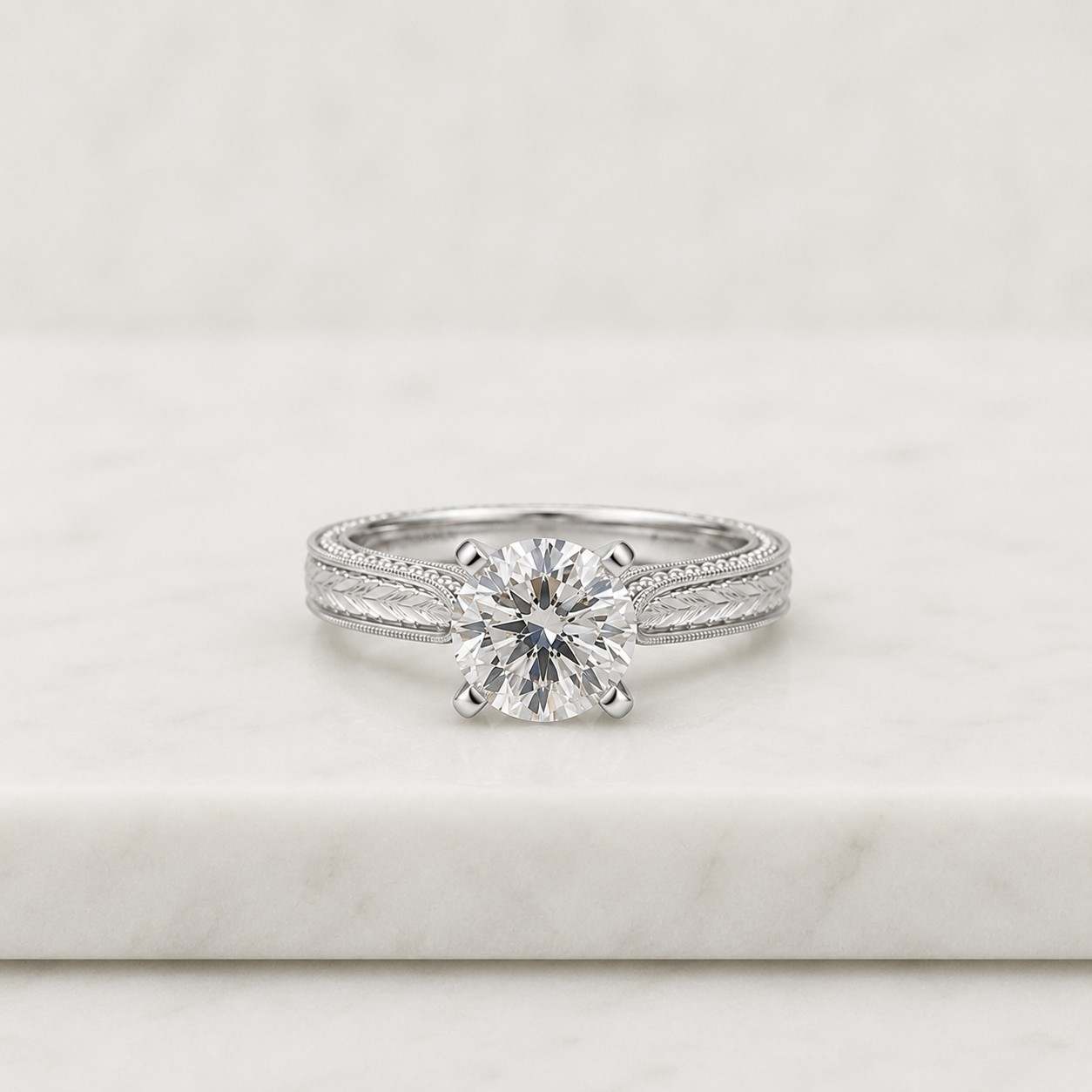 Vintage Engraved Gold Band, 14K Solid Gold Leafy Pattern Band, 1.00 CT Marquise Cut Lab Grown Diamond Band, Antique Wedding Ring For Women