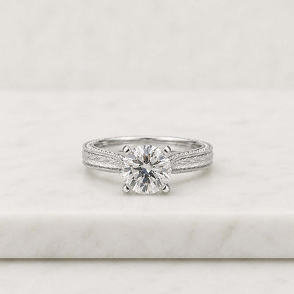 Vintage Engraved Gold Band, 14K Solid Gold Leafy Pattern Band, 1.00 CT Marquise Cut Lab Grown Diamond Band, Antique Wedding Ring For Women
