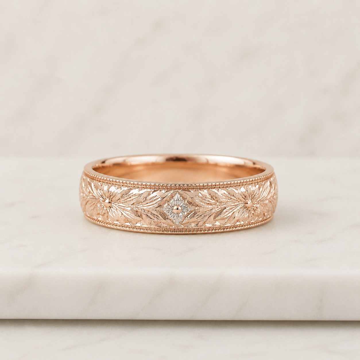Vintage Engraved Gold Wedding Band, Filigree Pattern Floral Scroll Work Ring, Nature Inspired Botanical Band, 14K Gold Antique Stacking Band