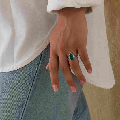 Vintage Marquise Emerald Engagement Ring, Solid Gold Art Deco Wedding, Handmade Green Gemstone Ring
