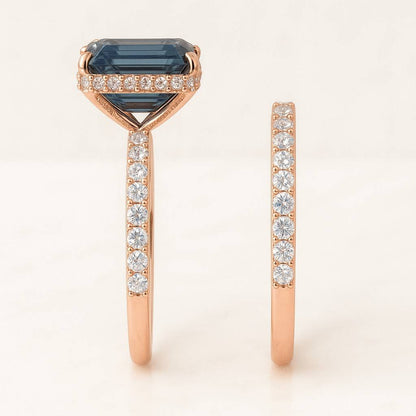 Vintage Oval Deep green blue sapphire engagement wedding ring set Teal sapphire bridal set cluster diamond wedding band Anniversary ring