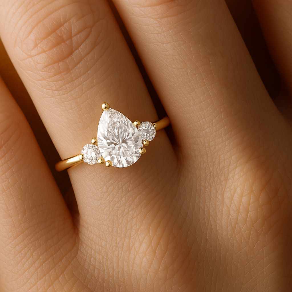 vintage pear cut lab grown diamond engagement ring 14k yellow gold pear east west ring