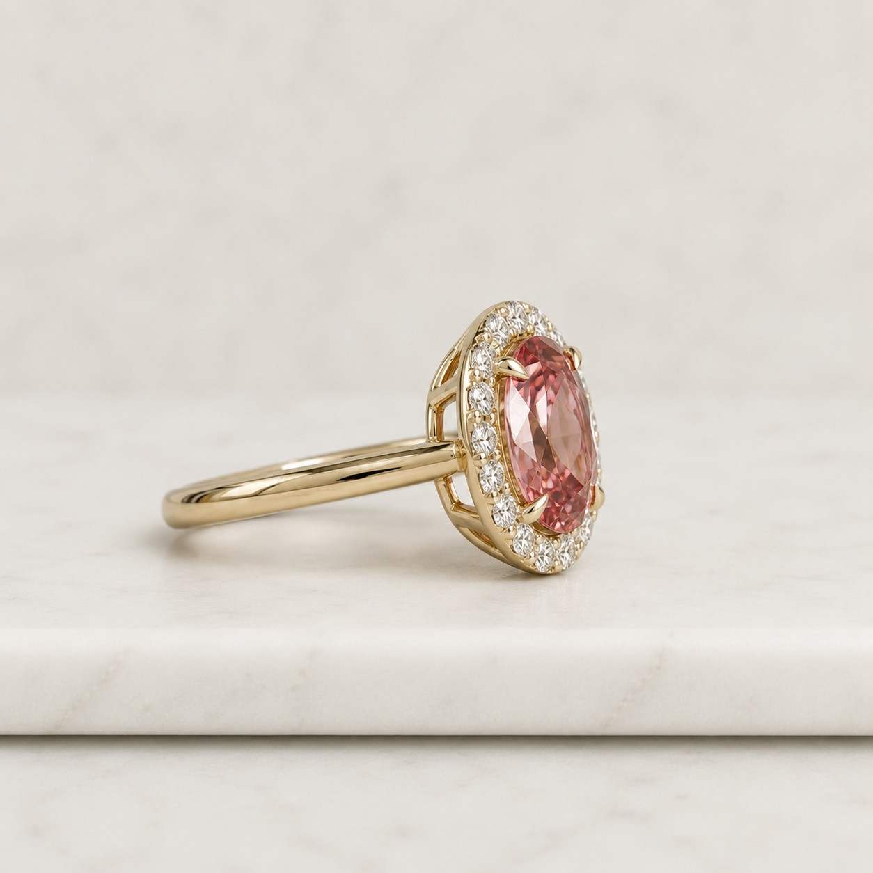 Vintage Pink Gemstone Ring, Oval Diamond Halo Wedding Ring, Oval Bezel Cut Lab Diamond Ring, 14K Gold Wide Cigar Band Ring For Her
