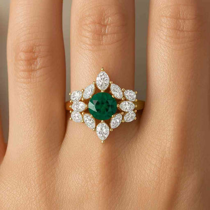 Vintage Round Cut Lab Created Emerald 14K Rose Gold Engagement Ring