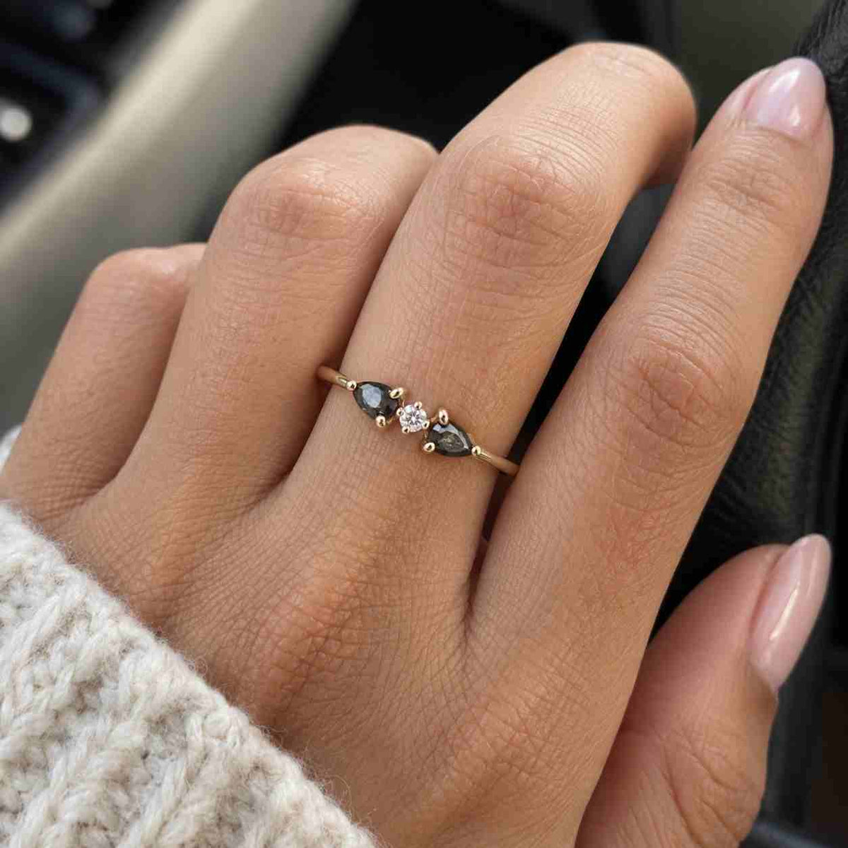 vintage salt and pepper diamond engagement ring, rose gold ring, pear cut moissanite ring three stone wedding bridal ring, anniversary ring