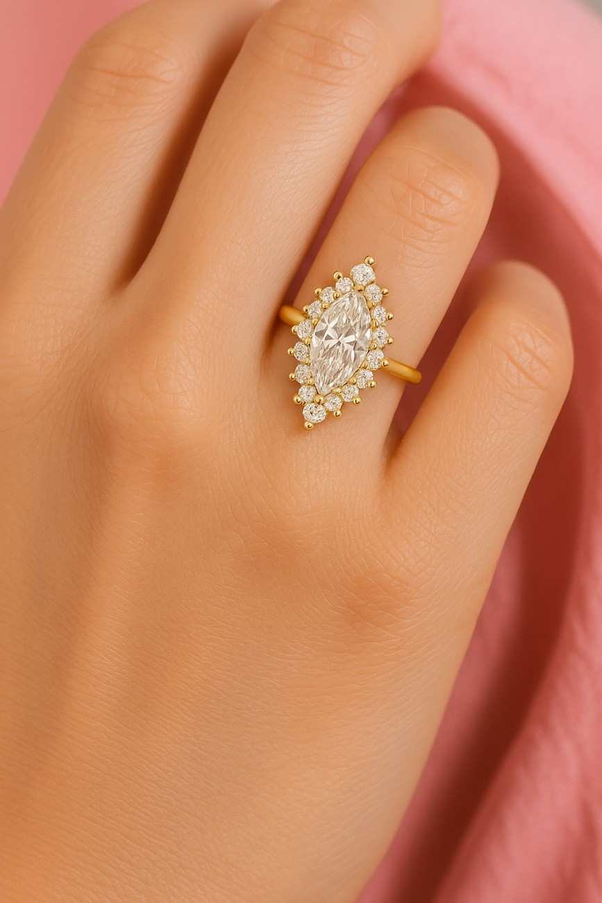 Vintage Style Starburst Cluster Ring Unique 14K Gold Half Halo Diamond Wedding Ring Gift For Women