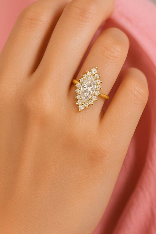 Vintage Style Starburst Cluster Ring Unique 14K Gold Half Halo Diamond Wedding Ring Gift For Women