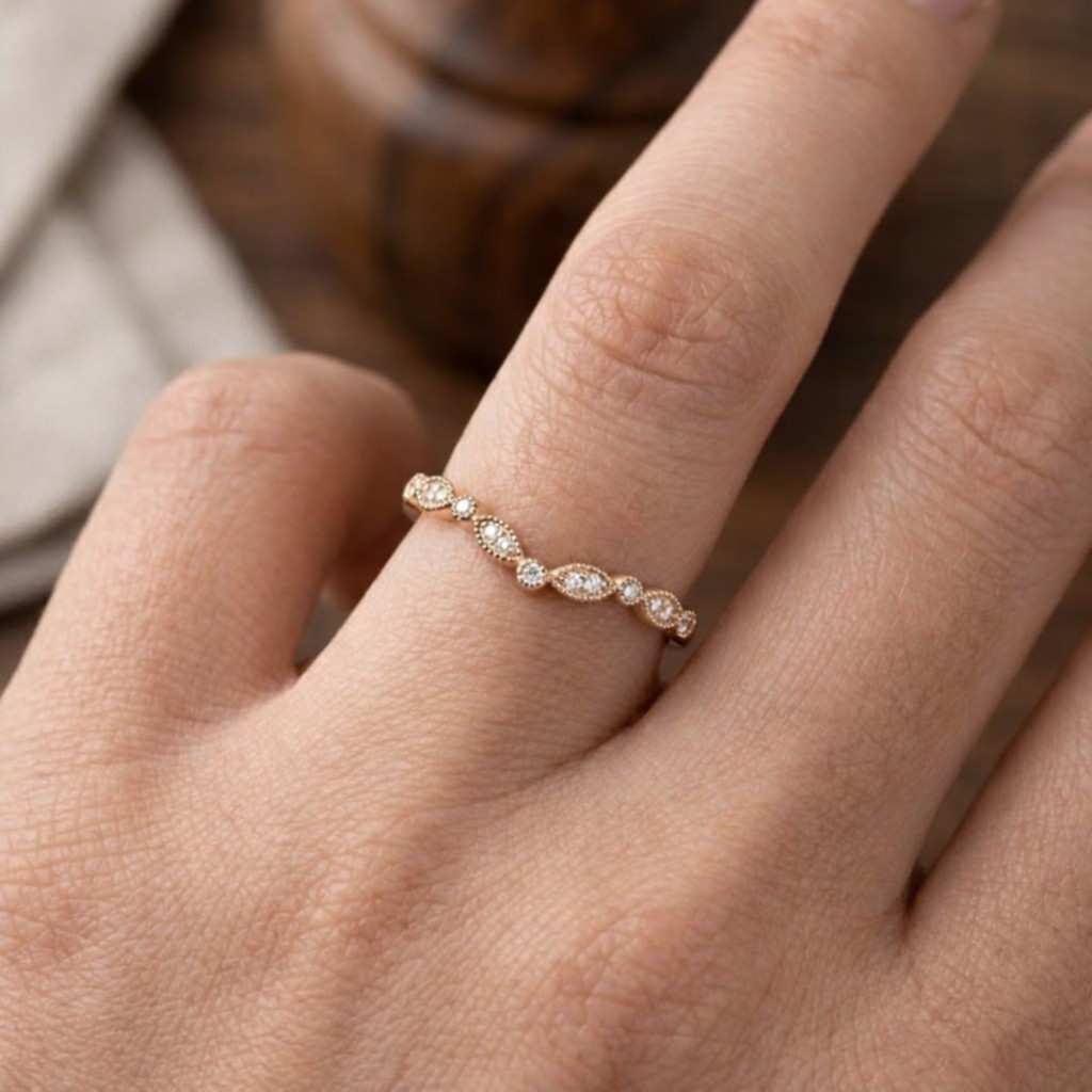 vintage curved lab grown diamond wedding band milgrain matching ring stacking band

