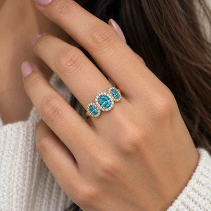 Vivid Blue Oval Cut Lab Grown Diamond Three Stone Ring, Trillion Side Stones Engagement Ring, Wedding Statement Ring, Rings For Women

