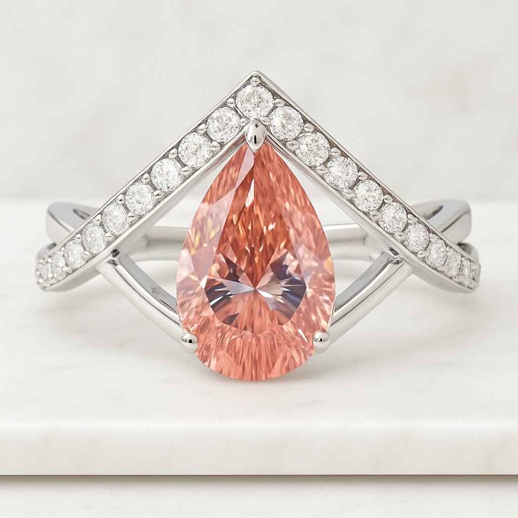 Vivid Pink Certified Labgrown Diamond Engagement Ring Pear Cut Moissanite Wedding Ring