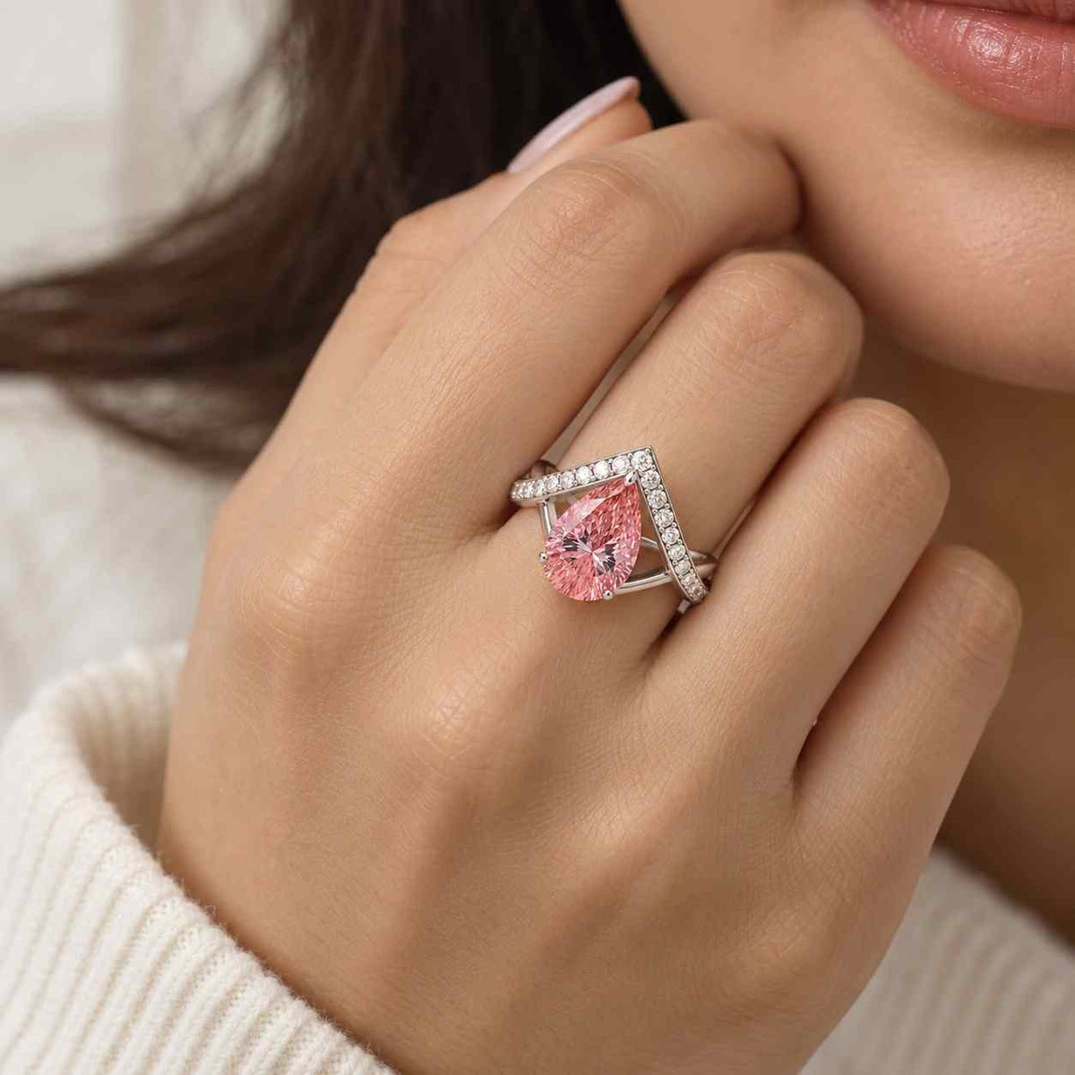 vivid pink pear cut lab grown diamond engagement ring, bezel set solitaire teardrop ring, anniversary gifts
