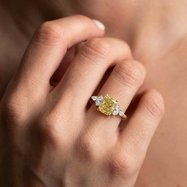 Vivid Yellow Cushion Cut Lab Grown Diamond Three Stone Ring, 3 Carat Fancy Yellow Engagement Ring with Pear Side Stones, Luxury Wedding Ring
