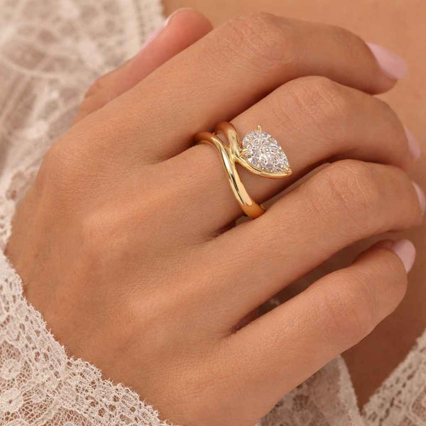 Sterling Silver Floating Pear Cut Ring Pear East West Ring Curved Band Pear Ring Pear Wave Ring Floating Pear Solitaire Ring