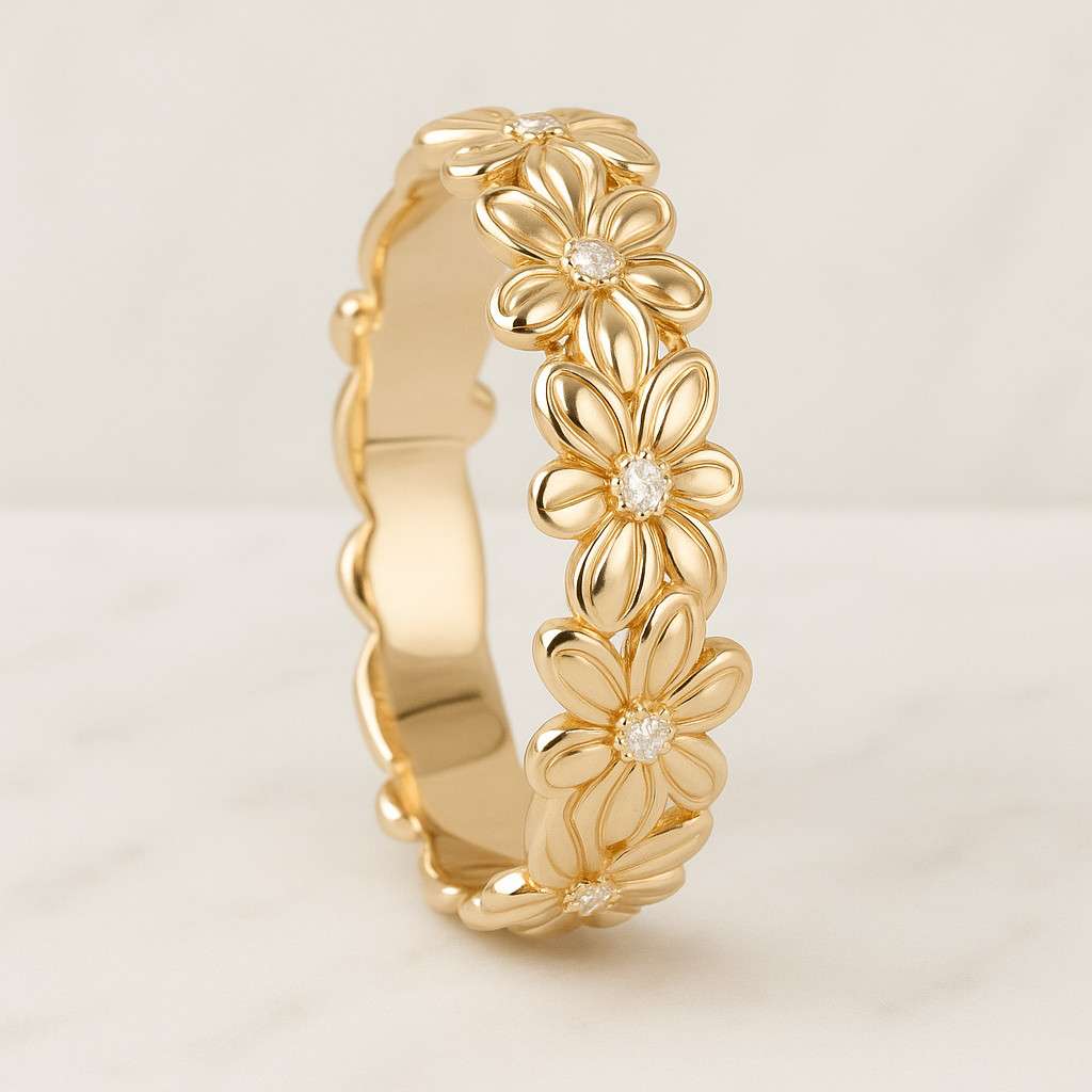 Wedding Band Set Petunia Wedding Ring Set Silver Rose Gold White Gold Wedding Ring Birth Flower Band Gold Filled Ring 4mm Floral Band Family Flower Ring