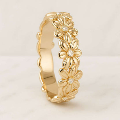 Wedding Band Set Petunia Wedding Ring Set Silver Rose Gold White Gold Wedding Ring Birth Flower Band Gold Filled Ring 4mm Floral Band Family Flower Ring