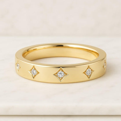 14k Solid Gold Starburst Moissanite Ring, Celestial Wedding Band Women