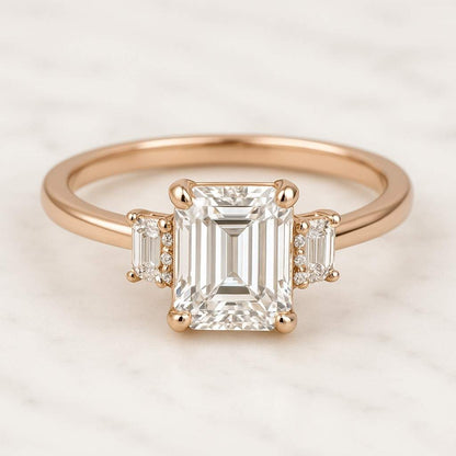 Lab Grown Emerald Cut Diamond Engagement Ring Solitaire Hidden Halo Diamond Engagement Ring 14k White Gold Ring