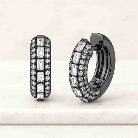 White Gold Latch Back Diamond Earrings Round Cut Lab Grown Diamond Hoop Earrings, Micro Pave Setting Three Row Diamond Earrings