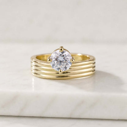 Wide Gold Wedding Band, 14K Solid Gold Ring for Women, Chunky Cigar Band with Diamonds, Unique Wavy Anniversary Ring
