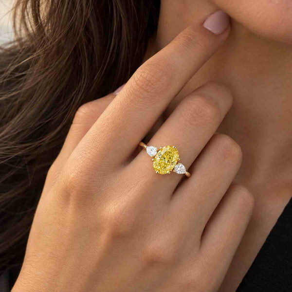 Yellow Diamond Engagement Ring Oval Diamond Trilogy Ring Real Lab Grown Diamond Ring IGI Certified Diamond Proposal Ring Side Half Moon Rin