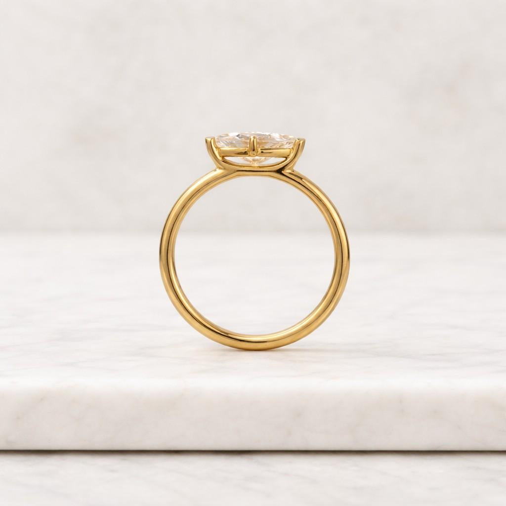 yellow gold east west ring, classic solitaire ring, marquise cut moissanite diamond engagement ring, wedding proposal ring, anniversary gift
