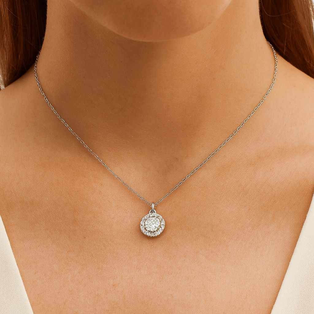 Yellow Gold Halo Pendant Necklace for Women Round Cut Pendant Necklace