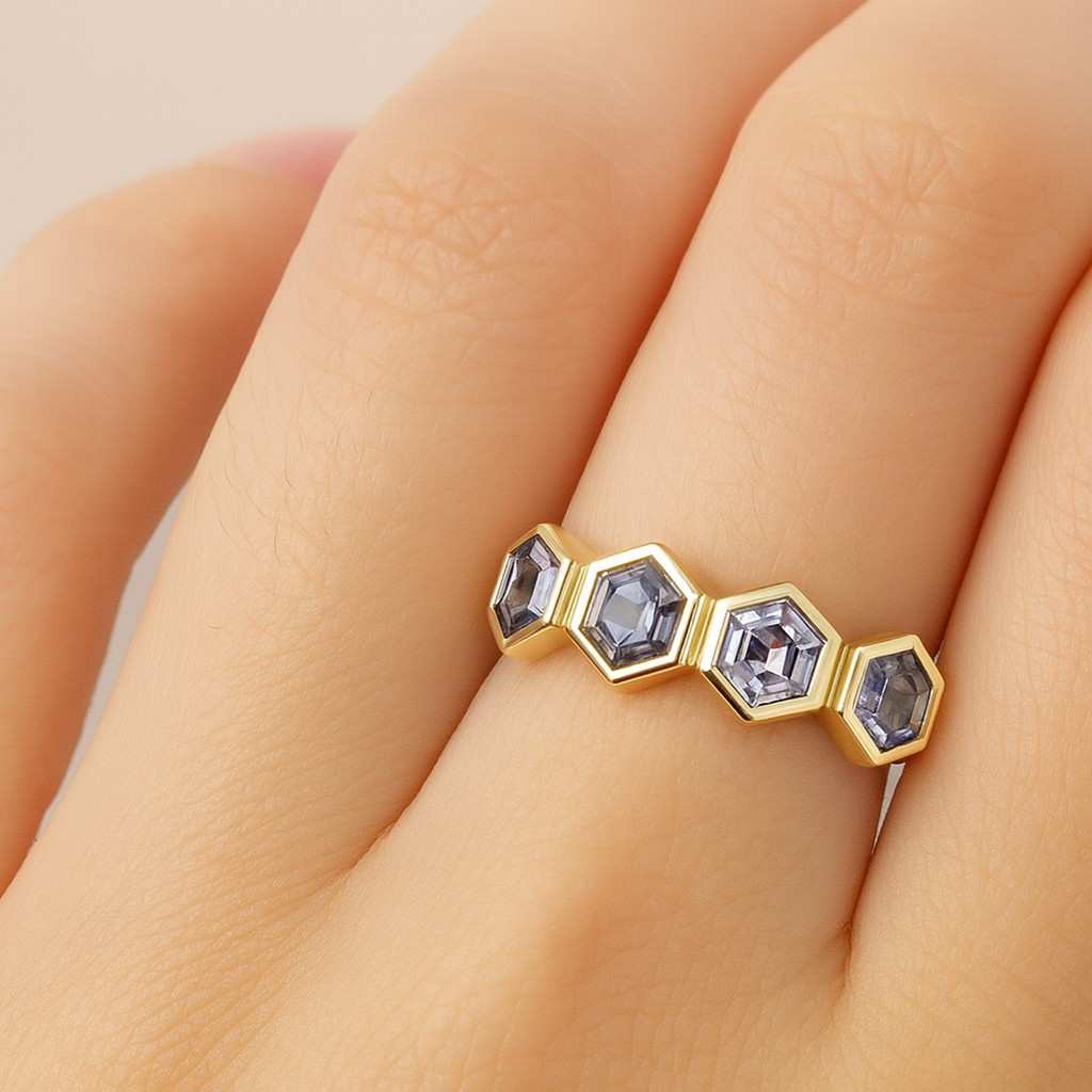 Yellow Gold Hexagon Moissanite Wedding Band 4mm Starburst Colorful Gemstone Cluster