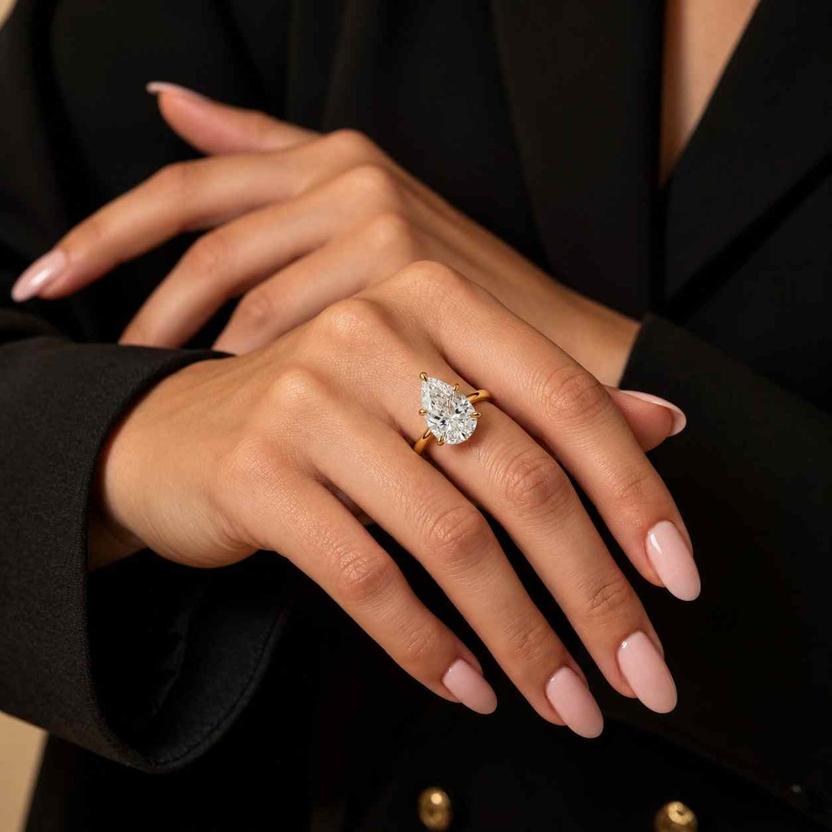 yellow gold pear shaped engagement ring pear diamond ring lab grown diamond ring pear ring for anniversary gift solid gold ring