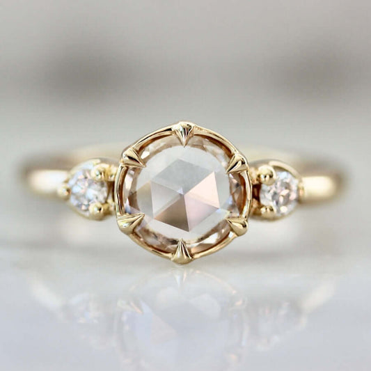 Yellow Gold Rose Cut 3 Stone Moissanite Engagement Ring