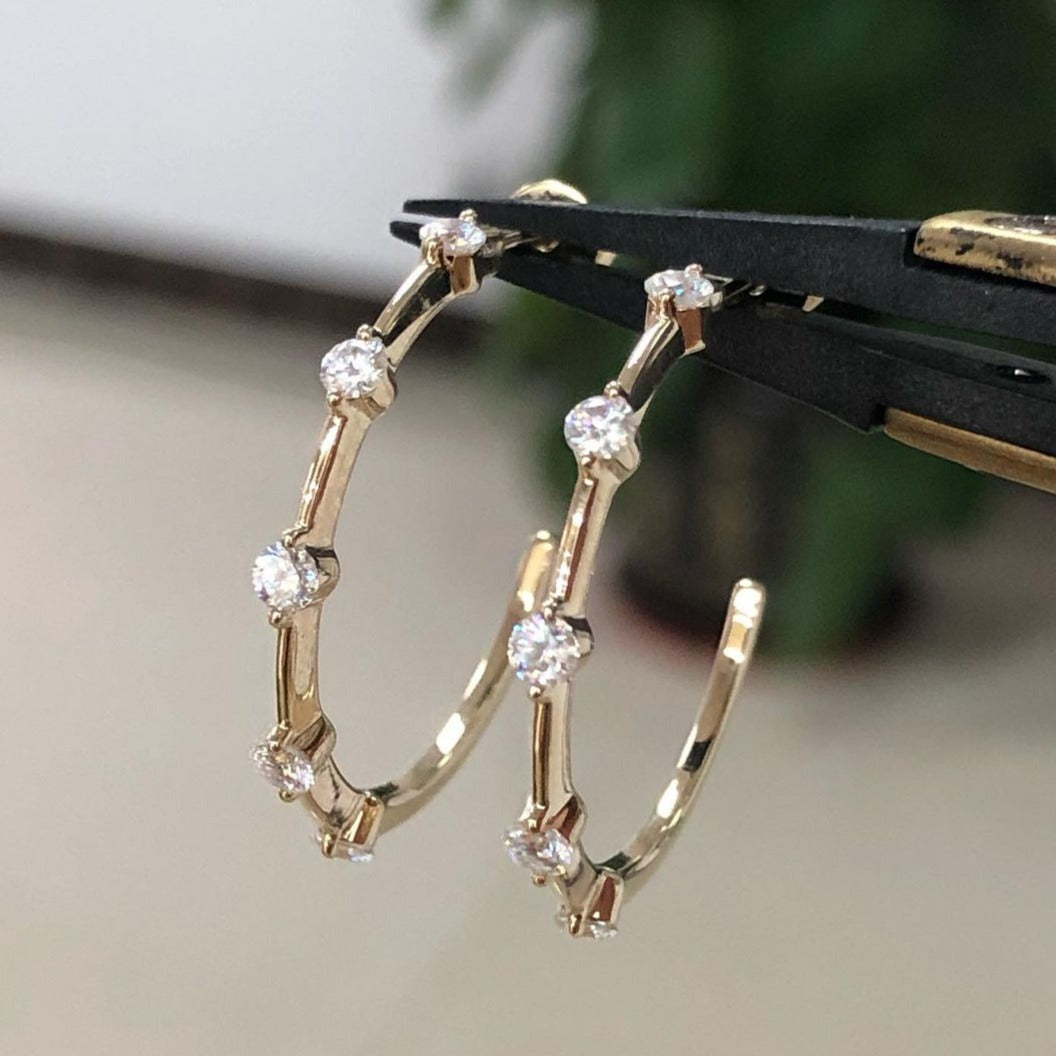 Yellow Gold Round Diamond Open Hoop Earrings