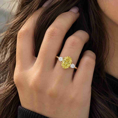 Yellow Oval Cut Three Stone Ring  Fancy Canary Diamond Accent Moissanite Engagement Jewelry