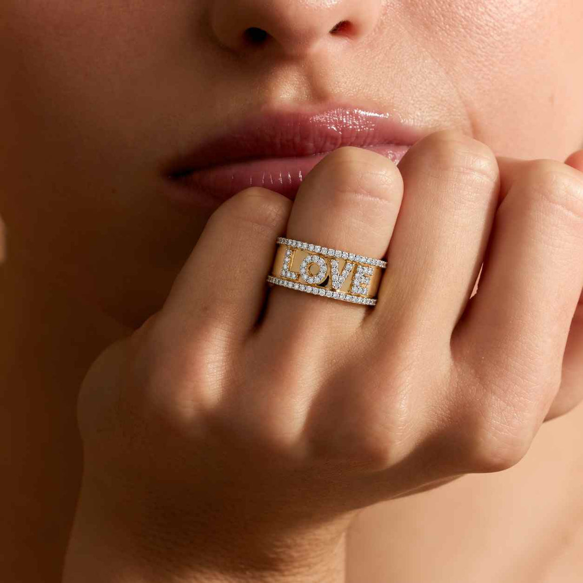 14K Solid Gold Diamond Love Script Ring, Romantic Gift
