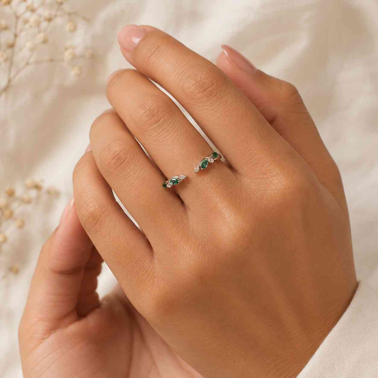 adjustable gemstone ring open cuff ring marquise gemstone leaf design ring floral ring
