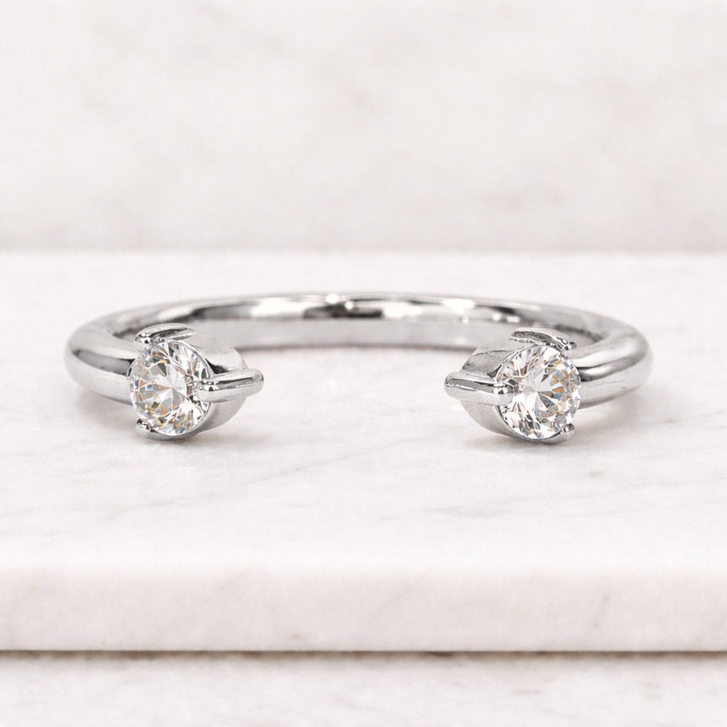Round Cut Moissanite Engagement Ring, Open Cuff Bridal Ring, Two Stone Toi Et Moi Ring, Wedding Ring, Anniversary Solitaire Gift For Wife
