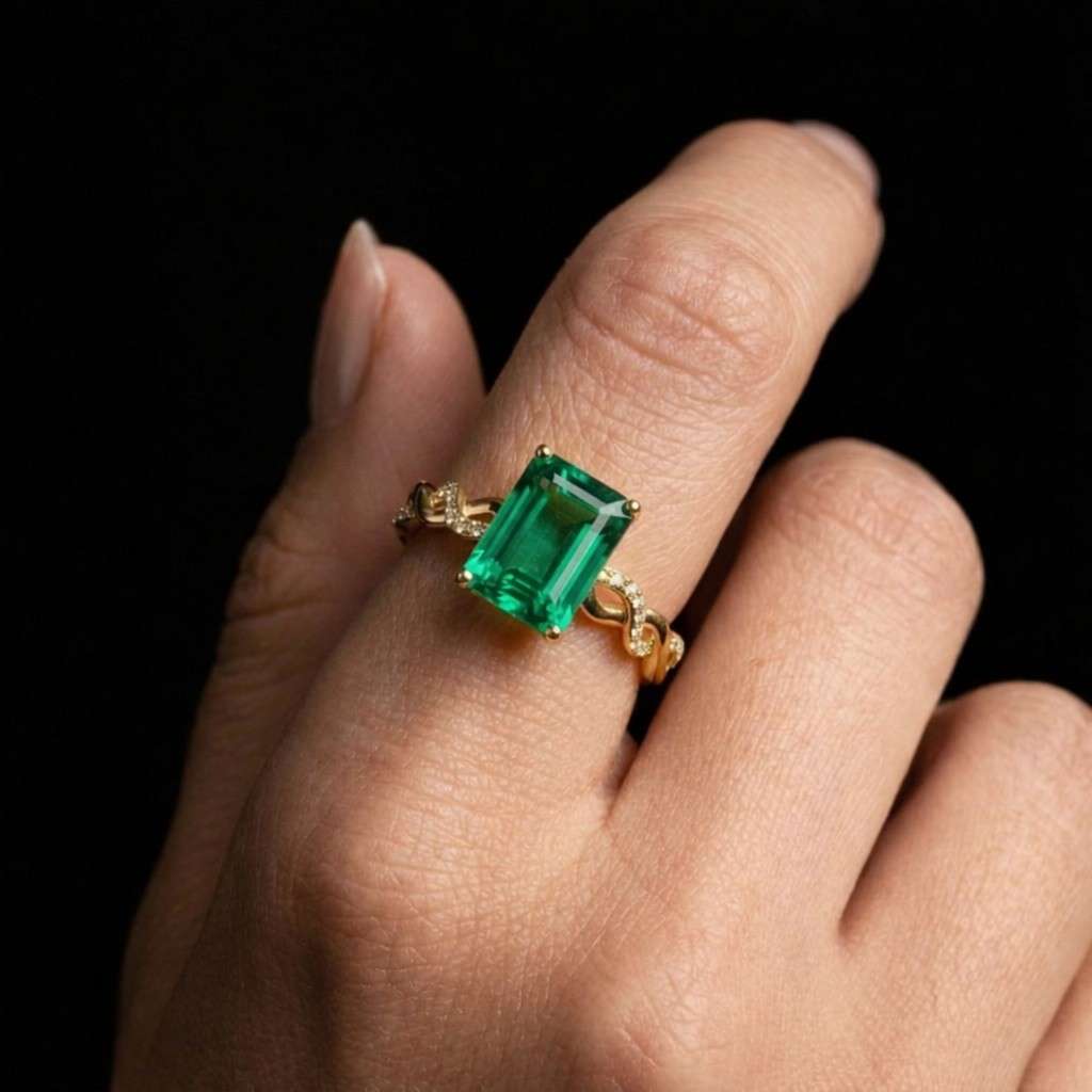 vintage style emerald engagement ring, milgrain pave diamond solid gold ring, emerald cut green gemstone bridal jewelry
