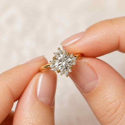 Round Cut Halo Moissanite Solitaire Ring Floral Cluster Diamond Ring, Sunflower Moissanite Marquise Cut Unique Engagement Ring Bridal Ring
